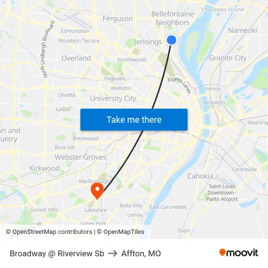 Broadway @ Riverview Sb to Affton, MO map