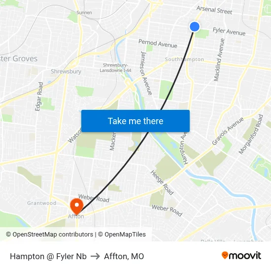Hampton @ Fyler Nb to Affton, MO map