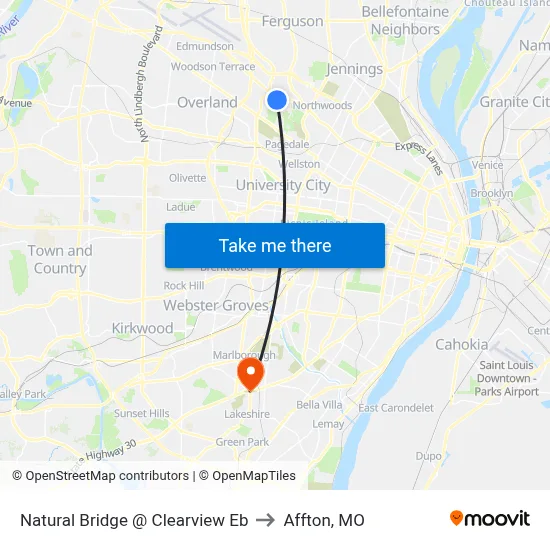 Natural Bridge @ Clearview Eb to Affton, MO map