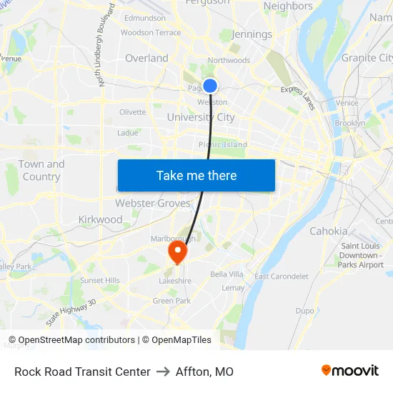 Rock Road Transit Center to Affton, MO map