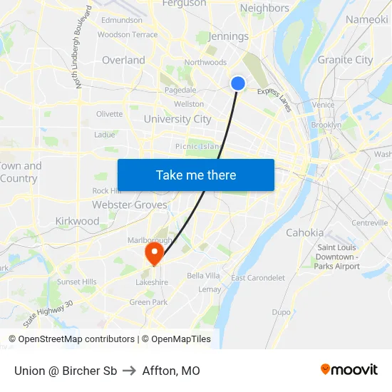 Union @ Bircher Sb to Affton, MO map