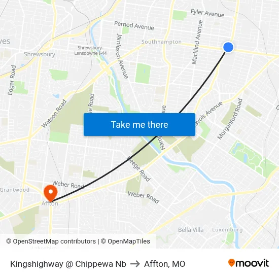 Kingshighway @ Chippewa Nb to Affton, MO map