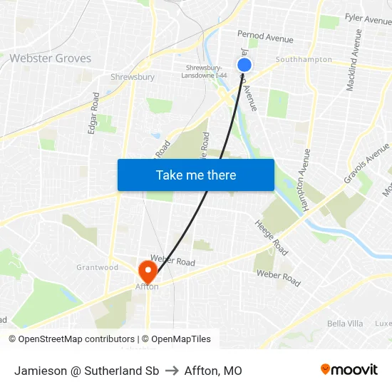 Jamieson @ Sutherland Sb to Affton, MO map