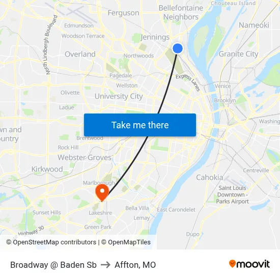 Broadway @ Baden Sb to Affton, MO map