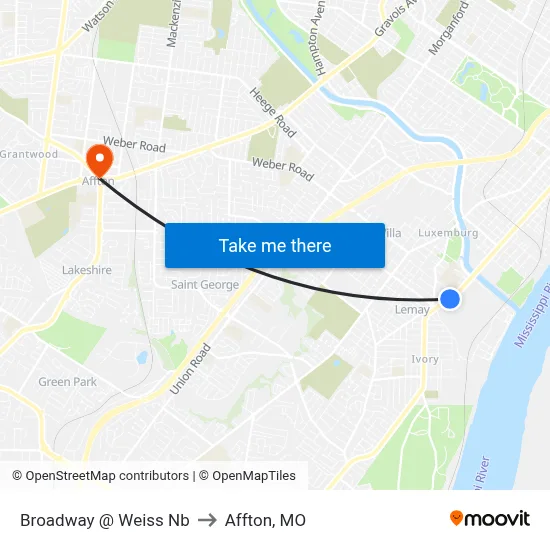 Broadway @ Weiss Nb to Affton, MO map