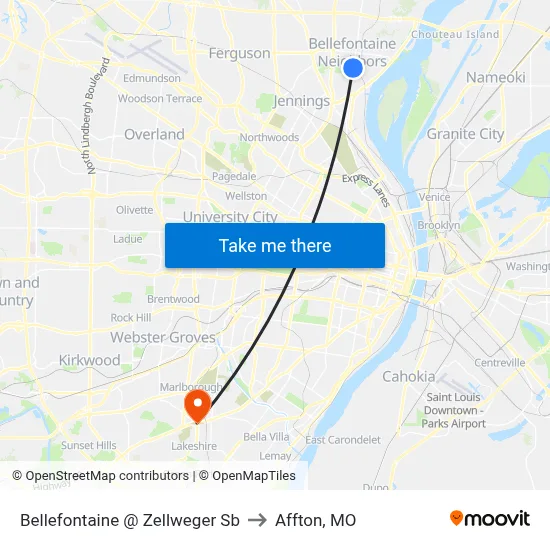 Bellefontaine @ Zellweger Sb to Affton, MO map