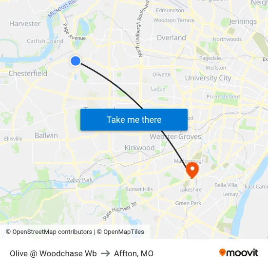 Olive @ Woodchase Wb to Affton, MO map