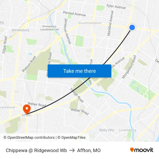 Chippewa @ Ridgewood Wb to Affton, MO map