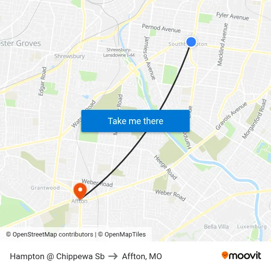 Hampton @ Chippewa Sb to Affton, MO map