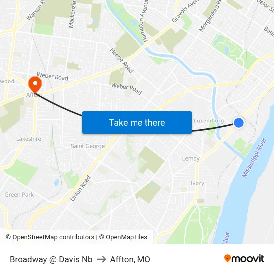 Broadway @ Davis Nb to Affton, MO map