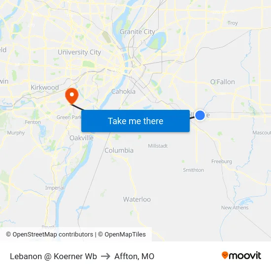 Lebanon @ Koerner Wb to Affton, MO map