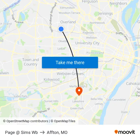 Page @ Sims Wb to Affton, MO map