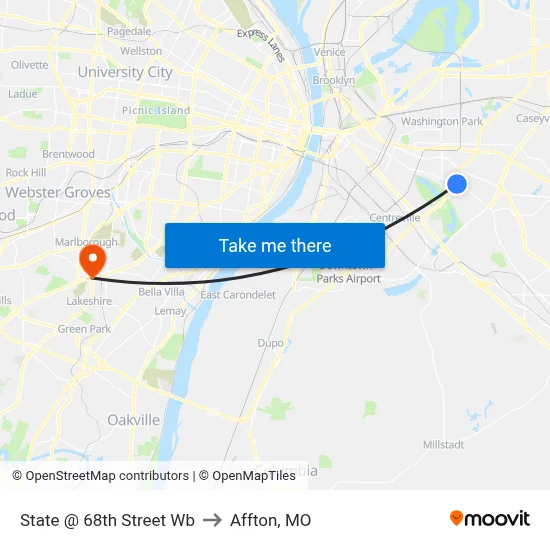State @ 68th Street Wb to Affton, MO map