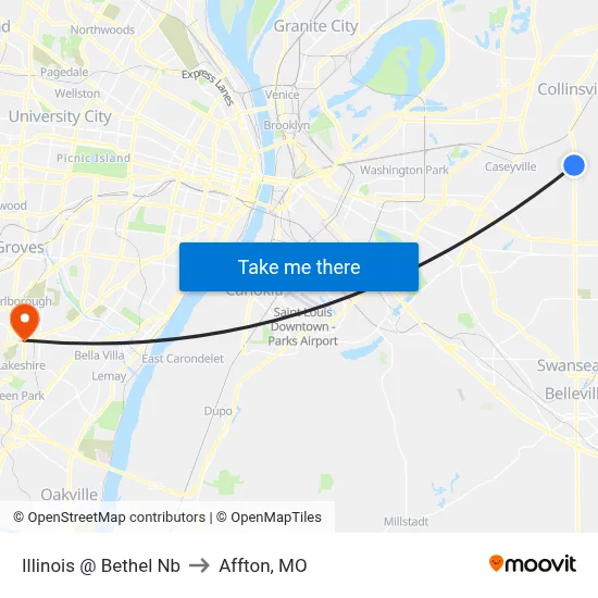 Illinois @ Bethel Nb to Affton, MO map