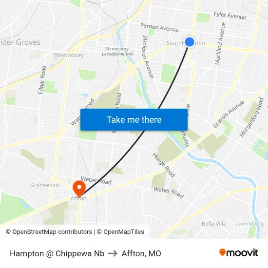 Hampton @ Chippewa Nb to Affton, MO map