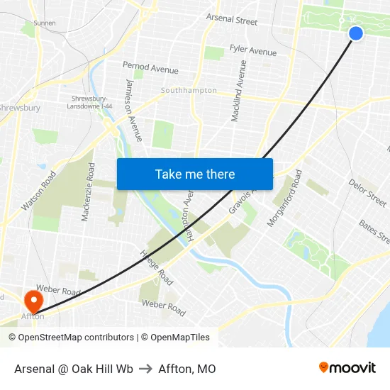 Arsenal @ Oak Hill Wb to Affton, MO map