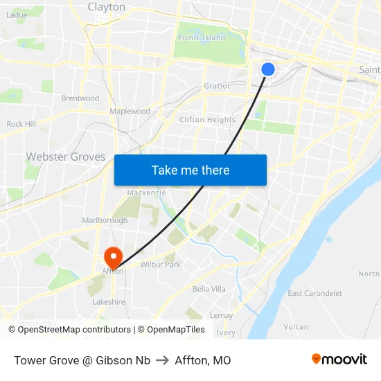 Tower Grove @ Gibson Nb to Affton, MO map