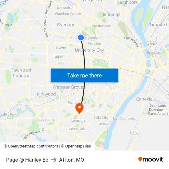 Page @ Hanley Eb to Affton, MO map