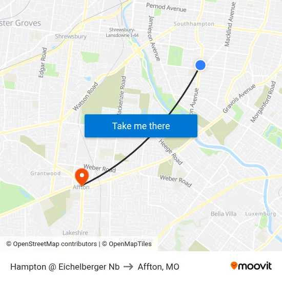 Hampton @ Eichelberger Nb to Affton, MO map