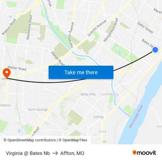 Virginia @ Bates Nb to Affton, MO map