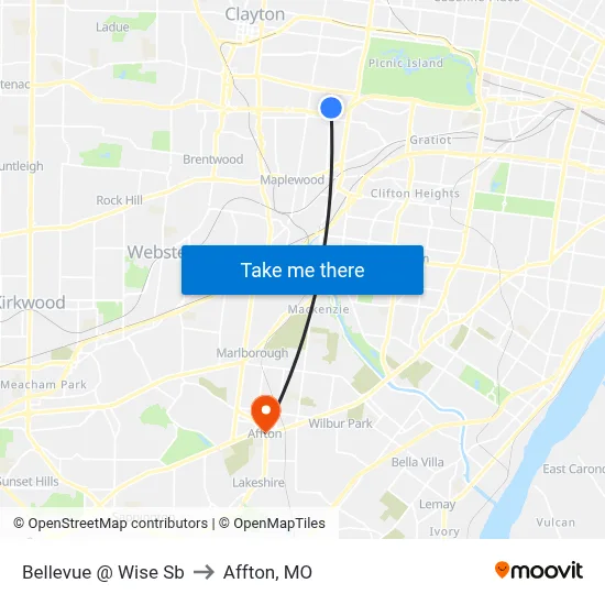 Bellevue @ Wise Sb to Affton, MO map