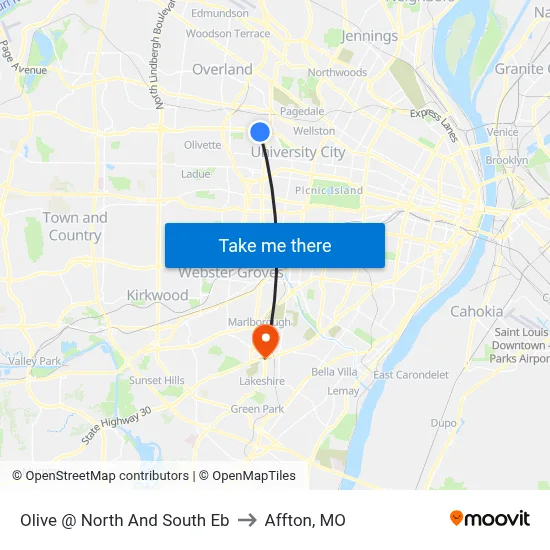 Olive @ North And South Eb to Affton, MO map