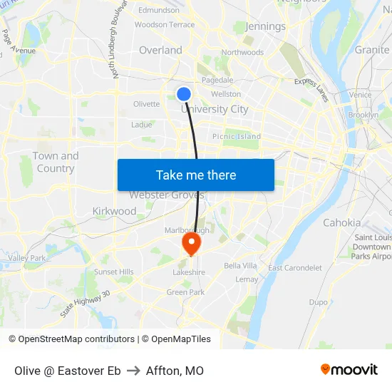 Olive @ Eastover Eb to Affton, MO map