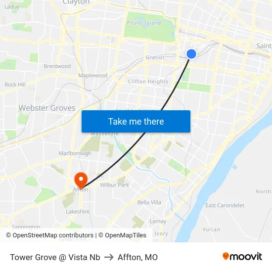 Tower Grove @ Vista Nb to Affton, MO map