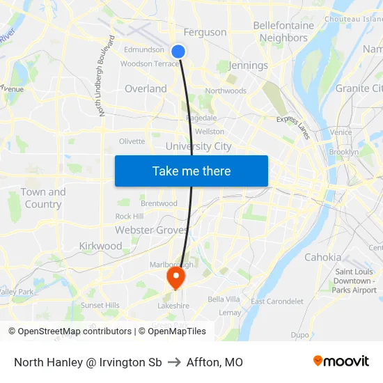 North Hanley @ Irvington Sb to Affton, MO map