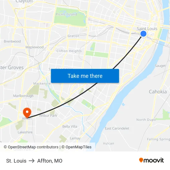 St. Louis to Affton, MO map