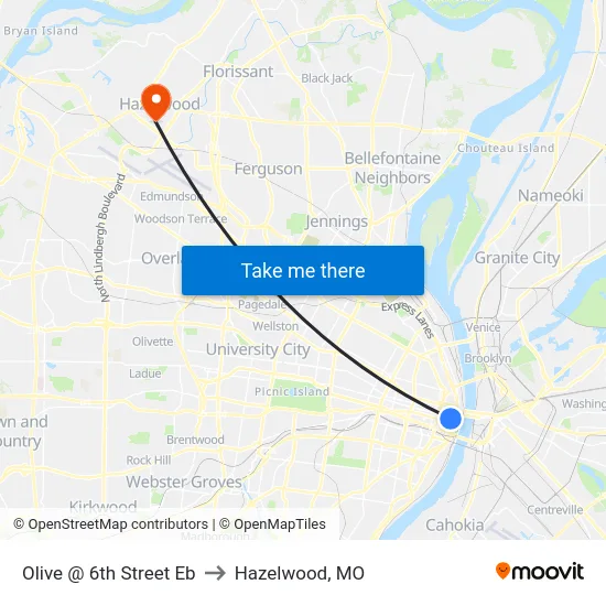 Olive @ 6th Street Eb to Hazelwood, MO map