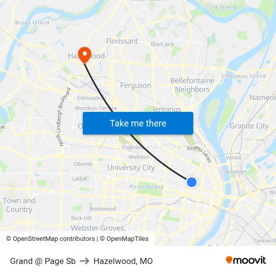 Grand @ Page Sb to Hazelwood, MO map