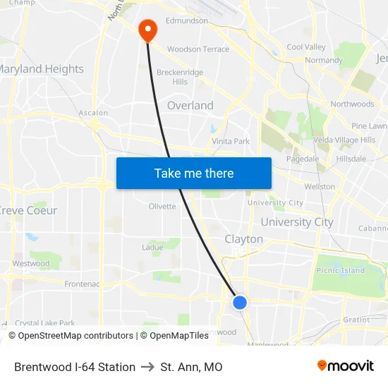 Brentwood I-64 Station to St. Ann, MO map