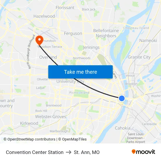 Convention Center Station to St. Ann, MO map