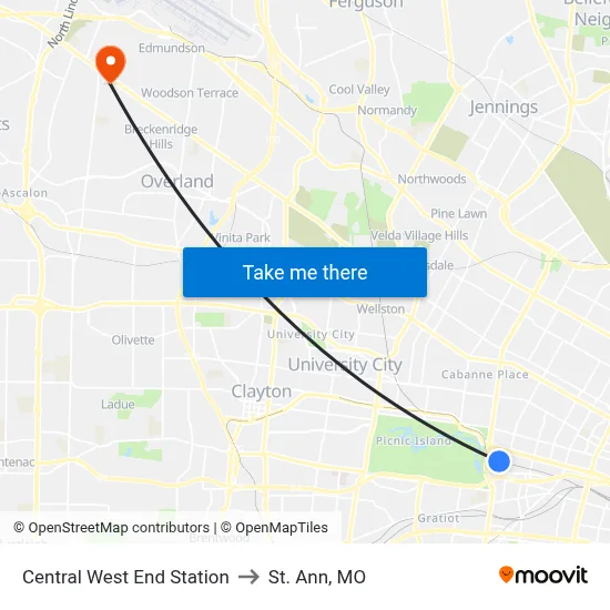Central West End Station to St. Ann, MO map