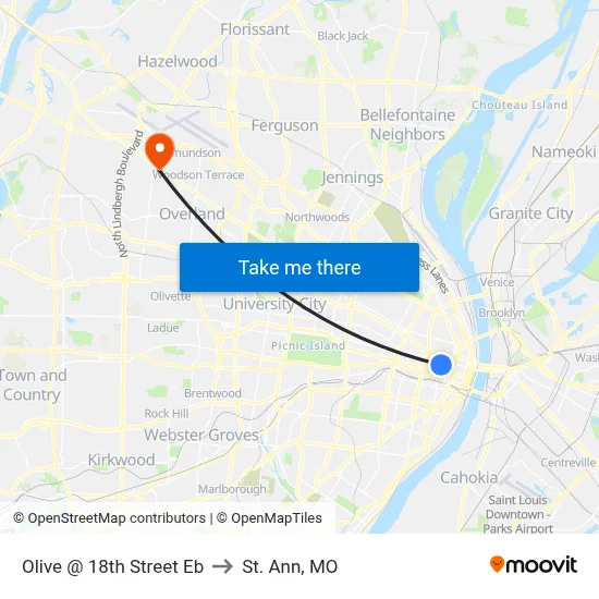 Olive @ 18th Street Eb to St. Ann, MO map