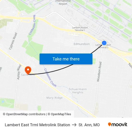 Lambert East Trml Metrolink Station to St. Ann, MO map