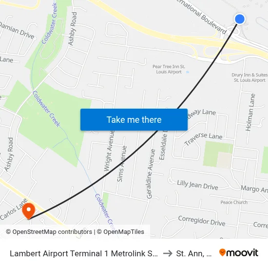 Lambert Airport Terminal 1 Metrolink Station to St. Ann, MO map