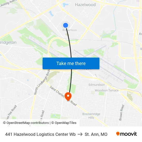 441 Hazelwood Logistics Center Wb to St. Ann, MO map