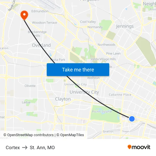 Cortex to St. Ann, MO map