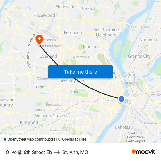 Olive @ 6th Street Eb to St. Ann, MO map
