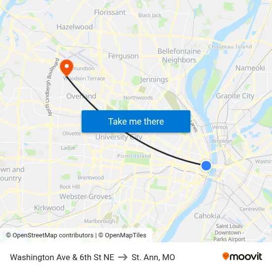 Washington Ave & 6th St NE to St. Ann, MO map