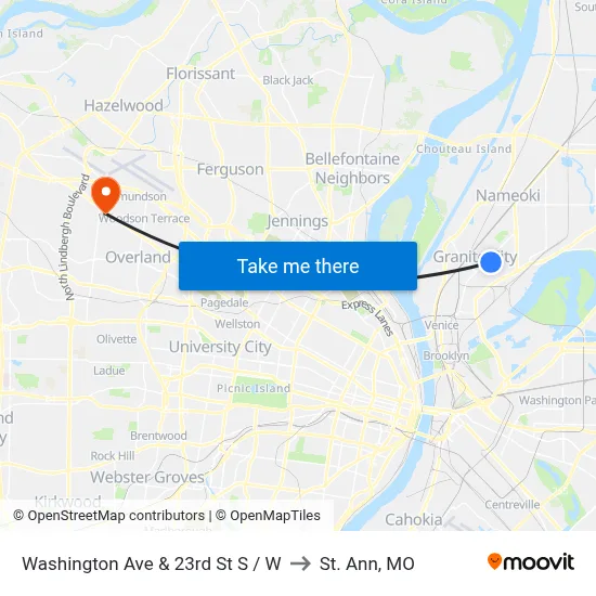 Washington Ave & 23rd St SW to St. Ann, MO map