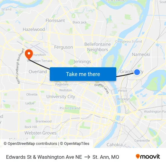 Edwards St & Washington Ave NE to St. Ann, MO map