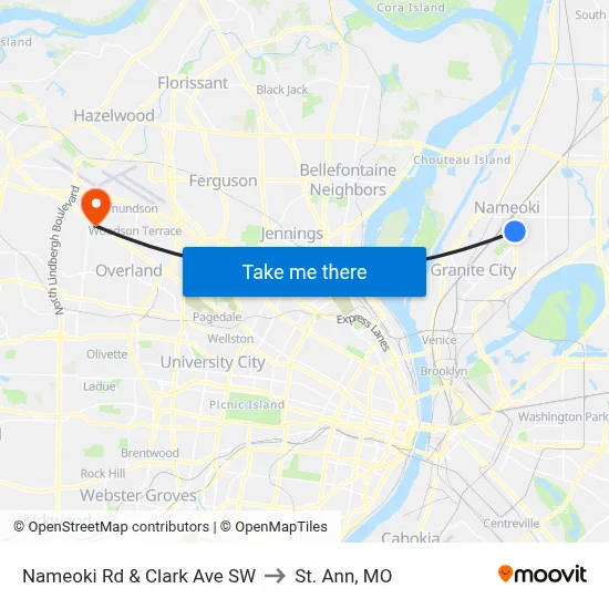 Nameoki Rd & Clark Ave SW to St. Ann, MO map