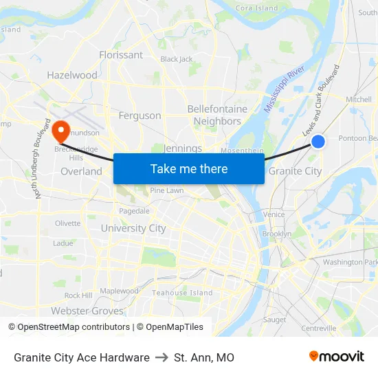 Granite City Ace Hardware to St. Ann, MO map
