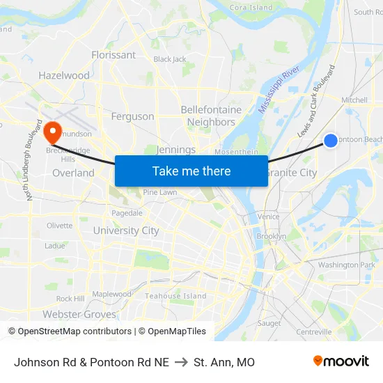Johnson Rd & Pontoon Rd NE to St. Ann, MO map