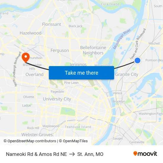 Nameoki Rd & Amos Rd NE to St. Ann, MO map