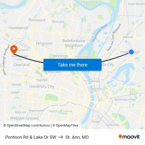 Pontoon Rd & Lake Dr SW to St. Ann, MO map