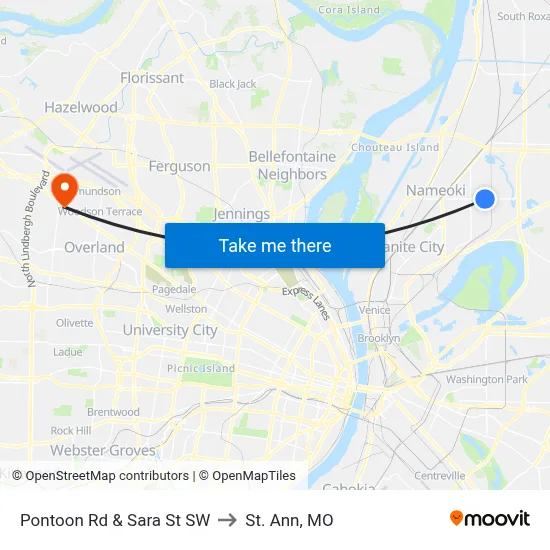 Pontoon Rd & Sara St SW to St. Ann, MO map